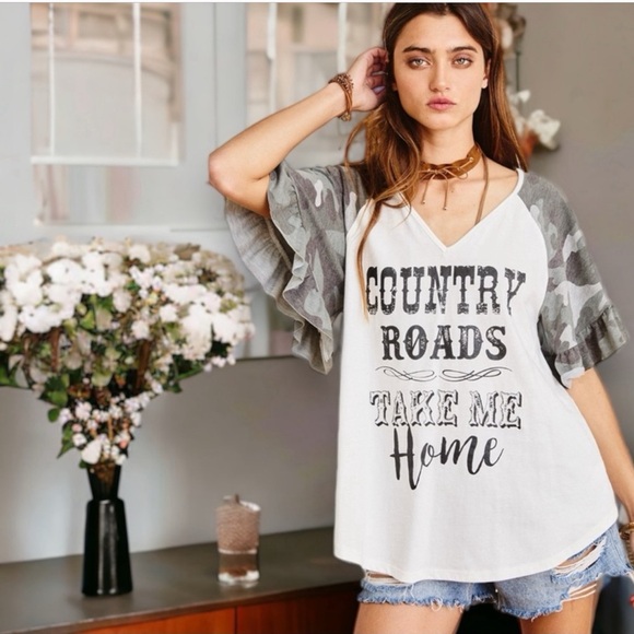 Ces Femme Tops - Country Roads Camo Ruffled Sleeve Graphic Top